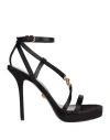 Versace Satin Ankle Strap Sandals With Golden And Rhinestone Logo 12 In Black