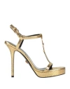Versace Womens T-bar 95 Metallic-leather Heeled Sandals Gold In Gold