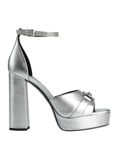 Versace Woman Sandals Silver Size 6 Calfskin, Textile Fibers