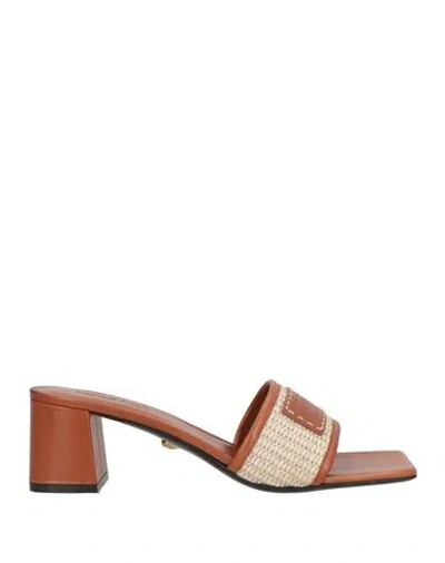 Versace Woman Sandals Tan Size 10.5 Leather, Textile Fibers