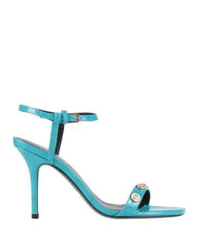 Versace Woman Sandals Turquoise Size 8 Leather In Blue
