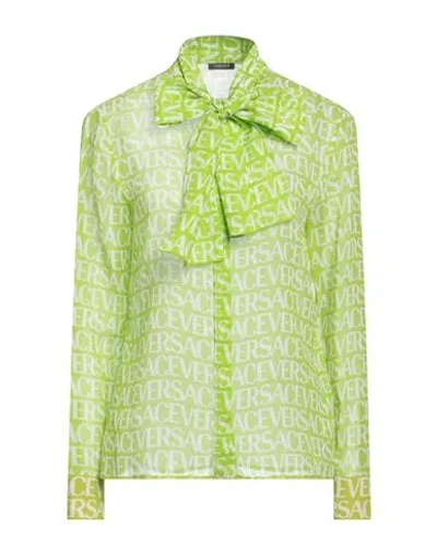 Versace All Over Logo Printed Silk Chiffon Shirt In Lime Green