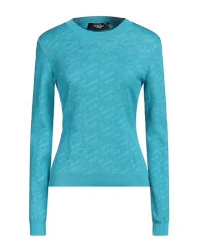 Versace Woman Sweater Azure Size 14 Silk, Polyamide, Elastane In Blue