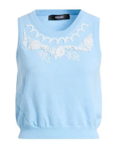 Versace Woman Sweater Sky Blue Size 6 Virgin Wool, Cashmere, Glass, Plastic