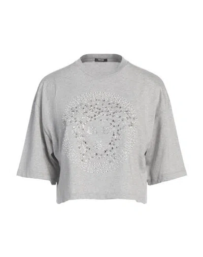 Versace Woman T-shirt Light Grey Size 6 Cotton, Aluminum, Glass, Plastic, Acrylic