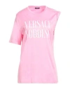 Versace Crew Neck Goddess Cotton T-shirt With Gathered Sleeve In Pink