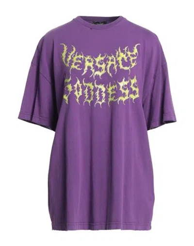 Versace Woman T-shirt Purple Size 8 Cotton, Elastane
