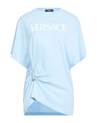 Versace Woman T-shirt Sky Blue Size 12 Cotton In Multi