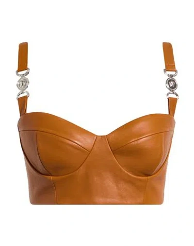Versace Woman Top Brown Size 8 Lambskin, Viscose, Polyamide, Elastane