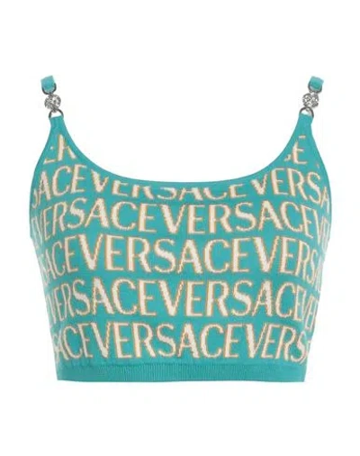 Versace Woman Top Turquoise Size 6 Cotton, Viscose In Blue
