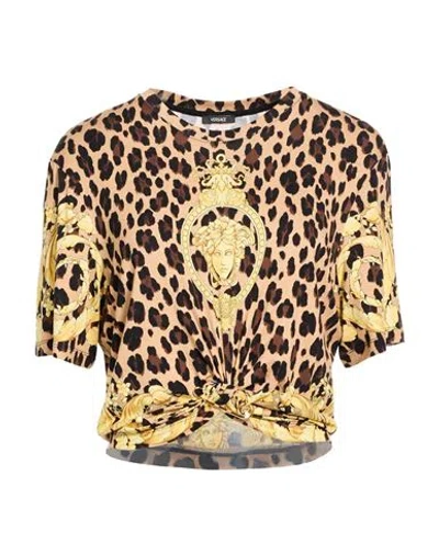 Versace Woman T-shirt Beige Size 12 Cotton In Animal Print