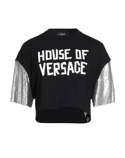 Versace Woman T-shirt Black Size 12 Cotton, Metal, Elastane