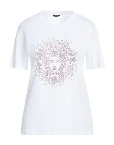 Versace Woman T-shirt White Size 0 Cotton, Glass, Aluminum