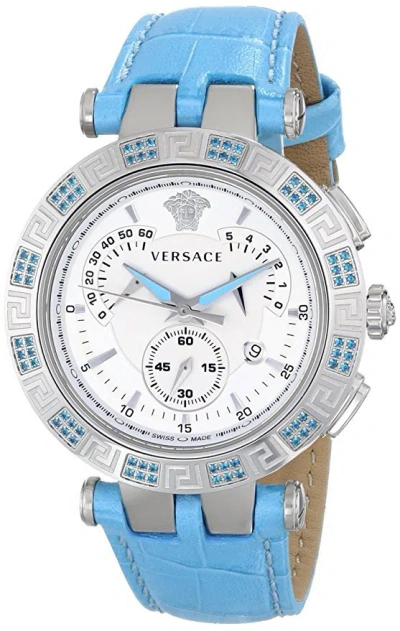 Pre-owned Versace Women's 23c935d002 S535 V-race Chrono Light Blue Topaz Leather Watch
