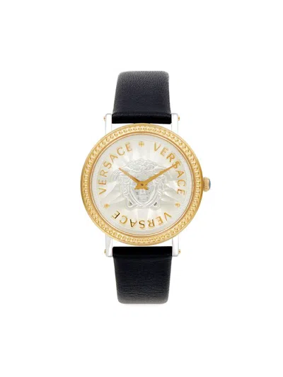 Versace Women's 37mm Goldtone Stainless Steel & Leather Strap Watch In Sapphire