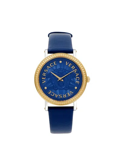 Versace Women's 37mm Stainless Steel & Leather Strap Watch In Blue