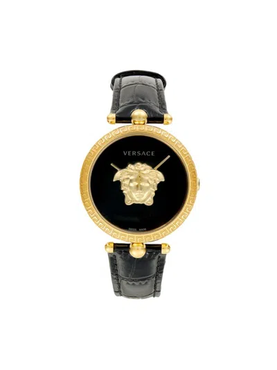 Versace Women's 39mm Ion Plated Yellow Goldtone Stainless Steel & Croc Embossed Leather Strap Watch In Black