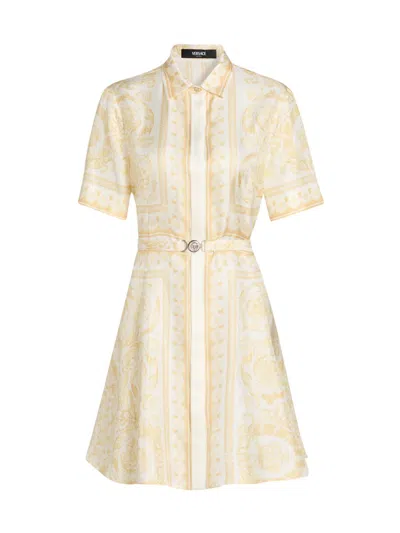 Versace Barocco Silk Shirt Dress Belted Waist In Neutral