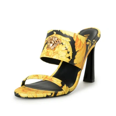 Pre-owned Versace Women's Barocco Print Leather Medusa Head Sandals Mules Shoes Us 7 It 37 In Black/gold