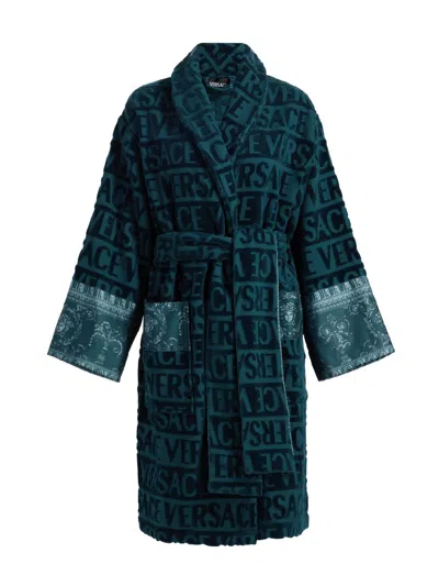 Versace Women's Baroque Terry Cotton Bathrobe In Blue