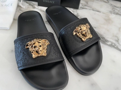 Pre-owned Versace Women's Black Gold Medusa Palazzo Sandals Slides Dsr262cn Multiple Size