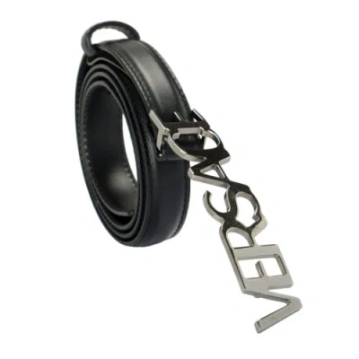 Pre-owned Versace Women's Black Leather Logo Decorated Buckle Belt Us 38 It 95