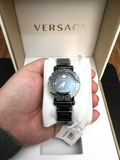 Pre-owned Versace Women Black  Greca Glam Quartz Watch Sapphire Crystal - Pvd 30mm