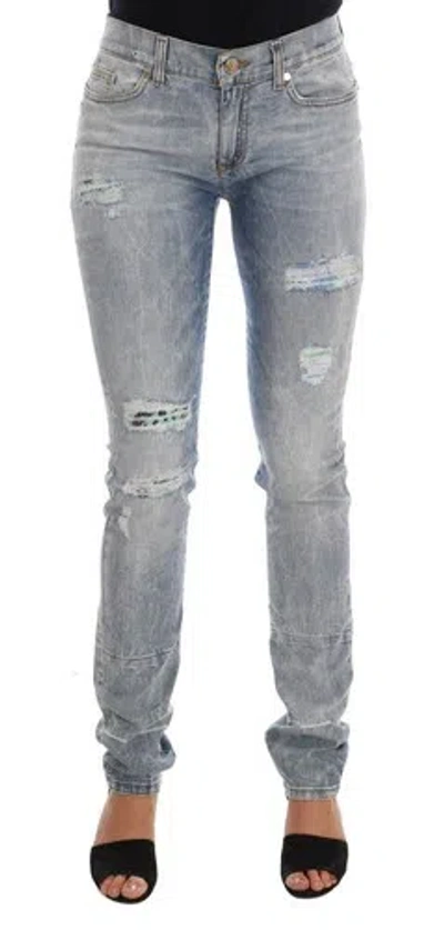 Pre-owned Versace Women Blue Wash Jeans Pants Cotton Blend Shabby Torn Stretch Trousers