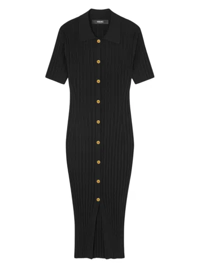 Versace Short-sleeve Flat-rib Knit Button-front Shirtdress In Black