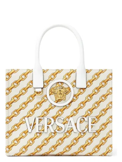 VERSACE WOMEN'S CANVAS SMALL CHAIN STRIPES LA MEDUSA SHOPPING BAG