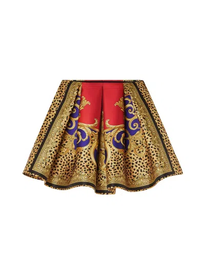 Versace Duchess Cheetah Barocco Pleated Silk Blend Skirt In Gold