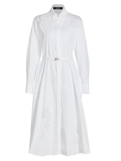 Versace Barocco Ajour Embroidery Poplin Belted Midi Dress In Optical White