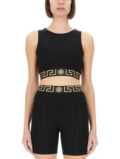 Versace Women Crop Top With Greek Border In Black