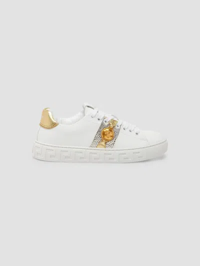 Versace Women's Crystal-embellished Low-top Sneakers In White And Champagne And Gold