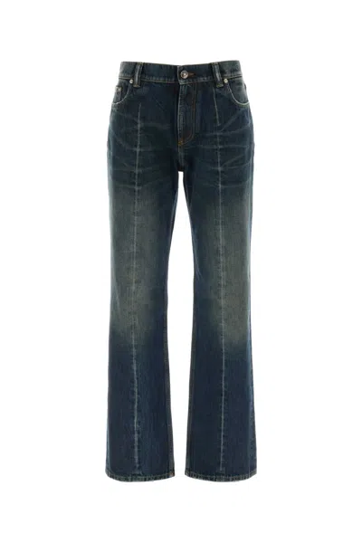 Versace Women's Denim Jeans With Calf Leather Trim In Blue