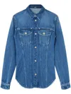 Versace Women Denim Shirt With Frayed Edges In Blue