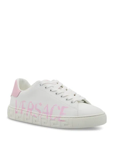 Versace Women's Distressed Logo La Greca Sneakers In White Pastel