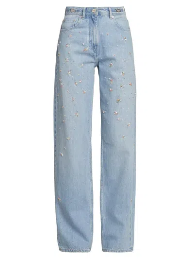 Versace Women's Embroidered Washed Cotton Jeans In Blue