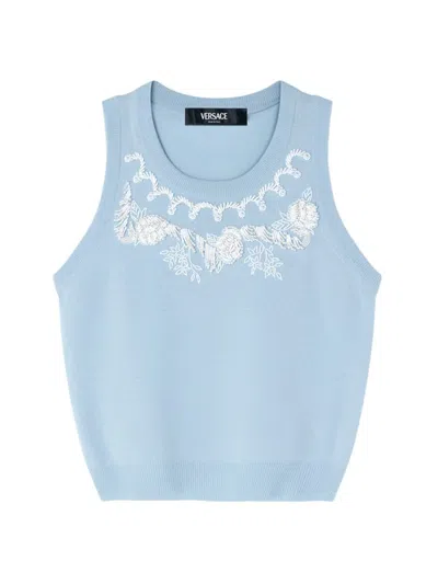 Versace Floral Bead Embroidered Knit Tank Top In Pastel Blue