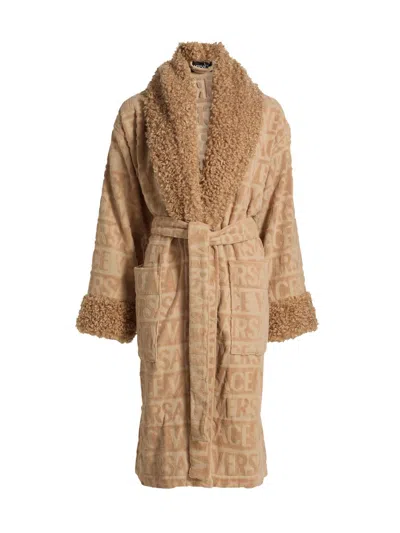 Versace Women's Faux Fur-trim Logo Terry Bathrobe In Brown
