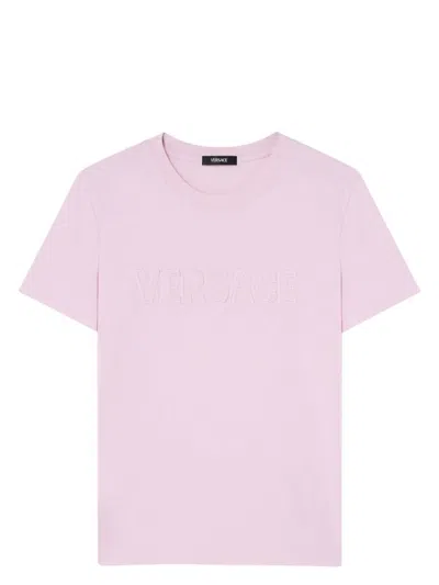Versace Fringed Logo T-shirt For Casual Style In Pink