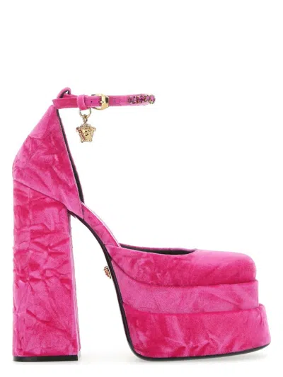 VERSACE WOMEN'S FUCHSIA VELVET MEDUSA AEVITAS PUMPS