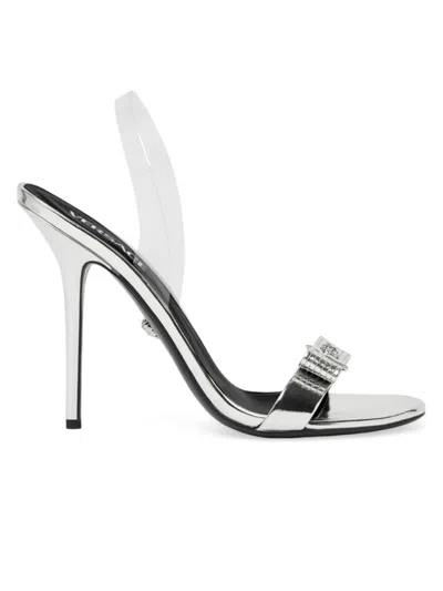 Versace Women's Gianni Ribbon 110mm Metallic Leather Slingback Sandals In Silver Palladium