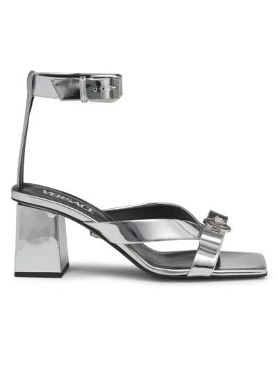 Versace Women's Gianni Ribbon 70mm Metallic Leather Sandals In Silver Palladium