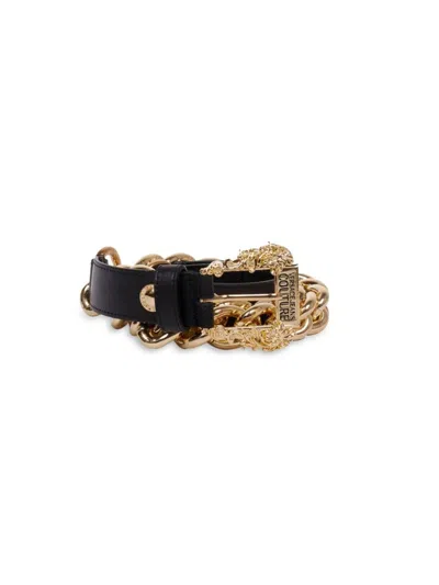 Versace Women's Goldtone Logo Leather & Chain Belt In Black Gold