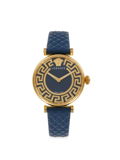 Versace Women's Greca Chic 35mm Ip Goldtone Stainless Steel & Leather Strap Watch In Blue