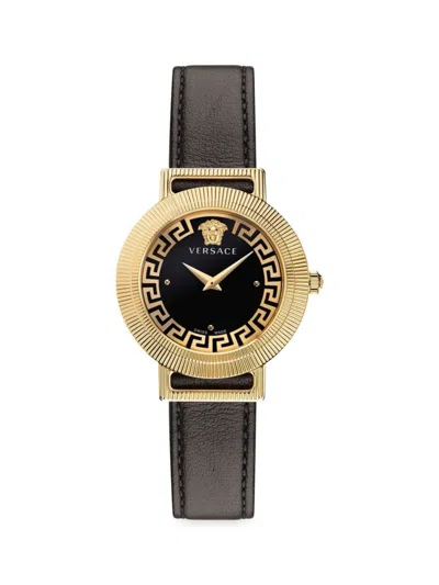 Versace Women's Greca Chic 36mm Ip Goldtone Stainless Steel & Leather Strap Watch In Black