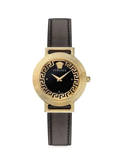 Versace Greca Chic Leather Watch In Black