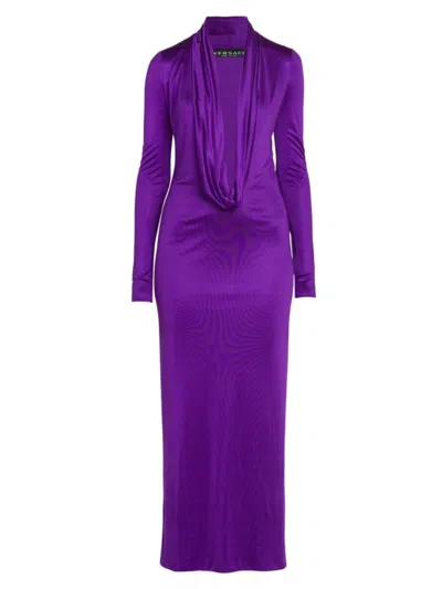 Versace Women's Jersey Plunge Maxi-dress In Bright Dark Orchid