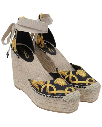 Versace Women's Jute Medusa-print Tie-strap Espadrille Wedge Pump (authentic Pre-loved) In Multi